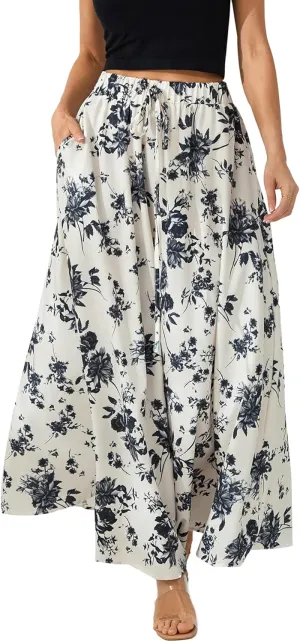 Women's Boho Flowy Maxi Skirt Summer Pleated High Waisted Casual Long Skirts with Pockets