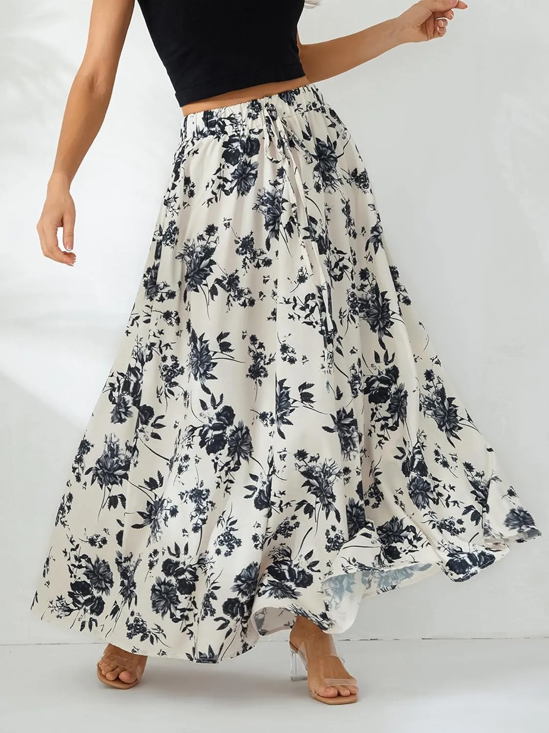 Women's Boho Flowy Maxi Skirt Summer Pleated High Waisted Casual Long Skirts with Pockets