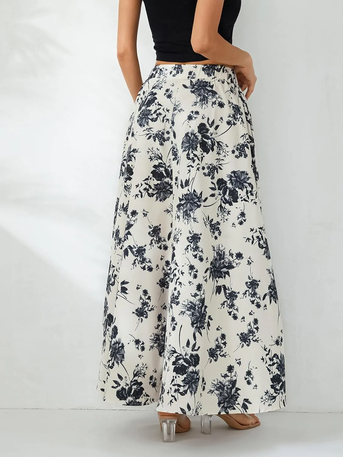 Women's Boho Flowy Maxi Skirt Summer Pleated High Waisted Casual Long Skirts with Pockets