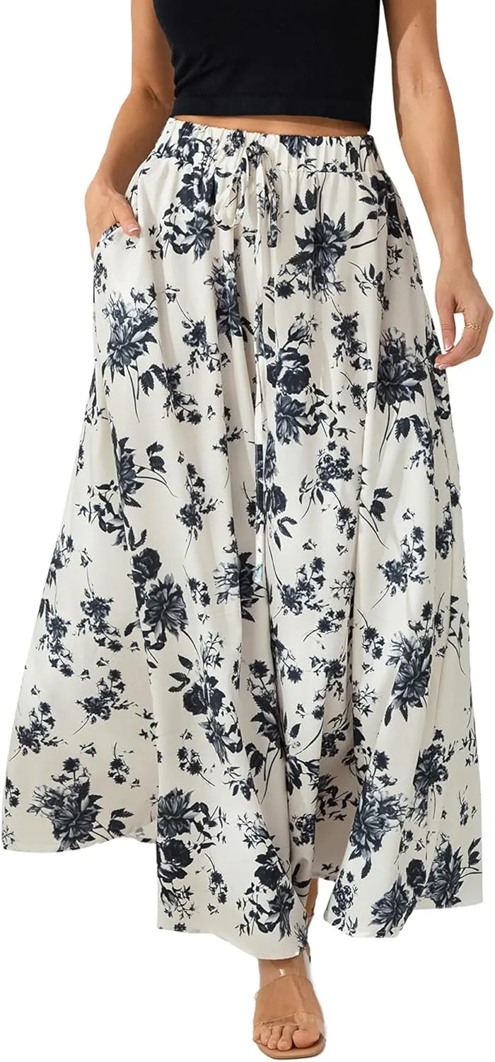 Women's Boho Flowy Maxi Skirt Summer Pleated High Waisted Casual Long Skirts with Pockets