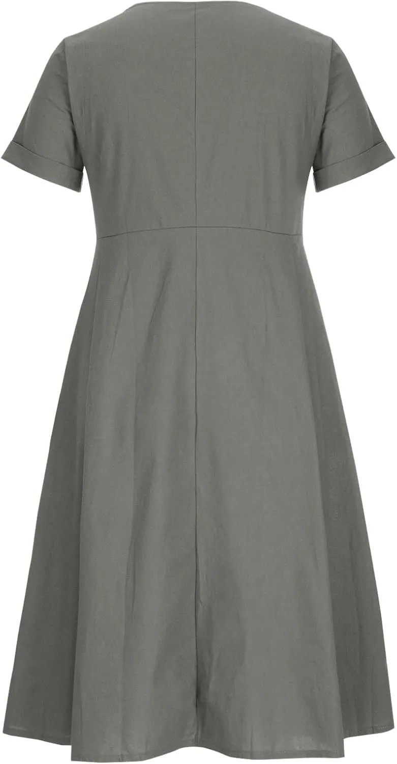 Womens Button Down Cotton Linen Empire Waist Dress Summer Trendy V Neck Short Sleeve Elegant Midi A-Line Dresses