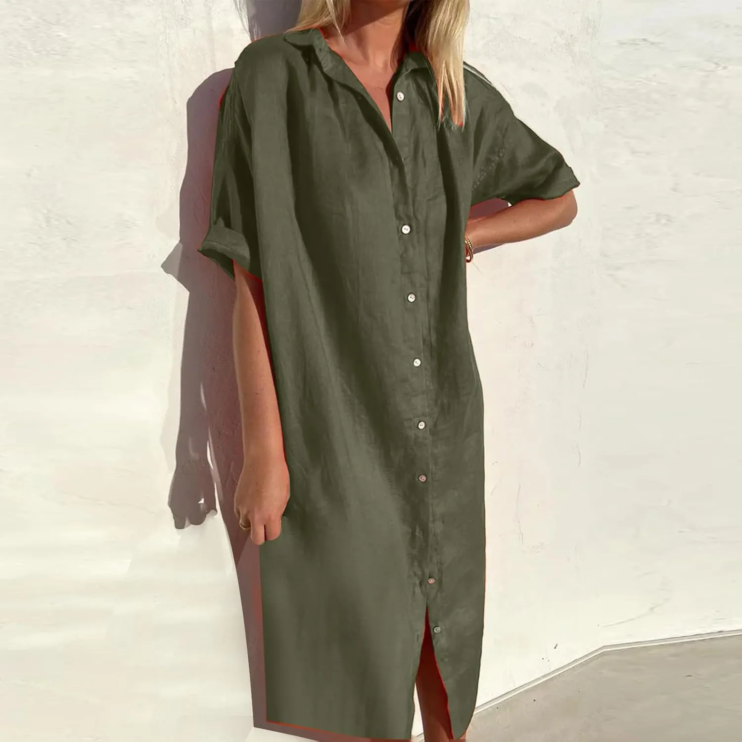 Women's Casual Cotton Linen Shirt Dress Button Down Short Sleeve Lapel V Neck Summer Loose Fit Beach Midi Dresses