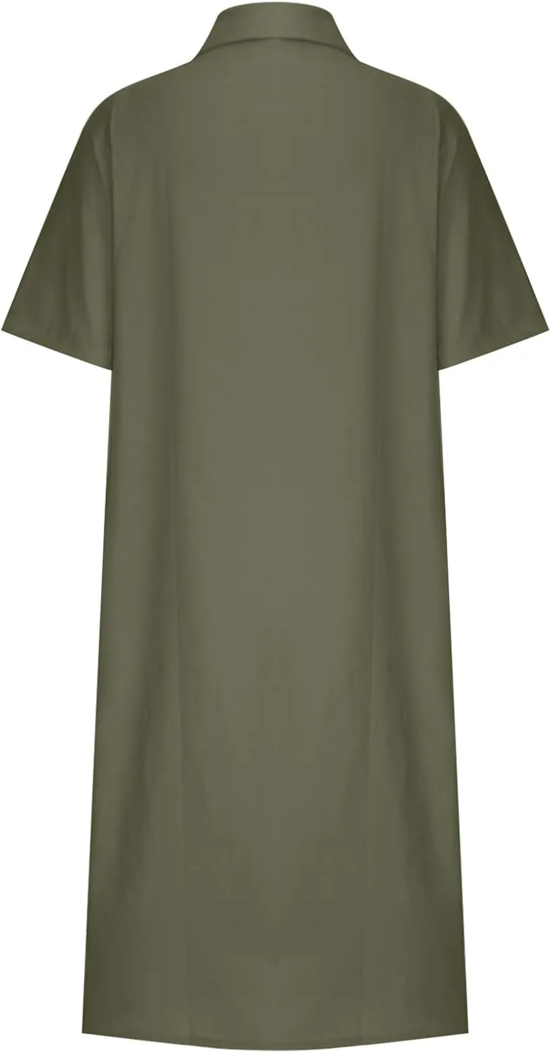 Women's Casual Cotton Linen Shirt Dress Button Down Short Sleeve Lapel V Neck Summer Loose Fit Beach Midi Dresses