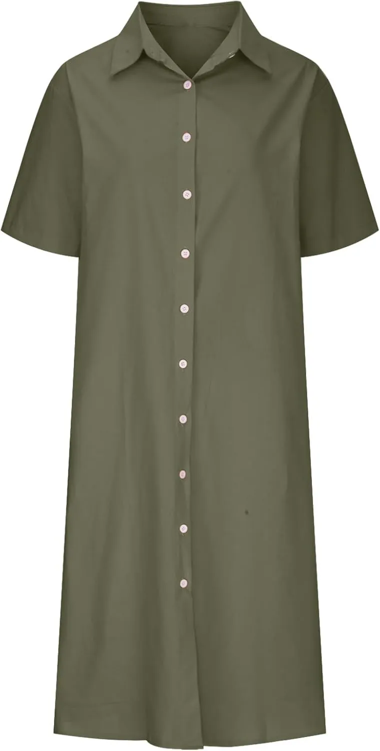 Women's Casual Cotton Linen Shirt Dress Button Down Short Sleeve Lapel V Neck Summer Loose Fit Beach Midi Dresses