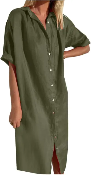 Women's Casual Cotton Linen Shirt Dress Button Down Short Sleeve Lapel V Neck Summer Loose Fit Beach Midi Dresses