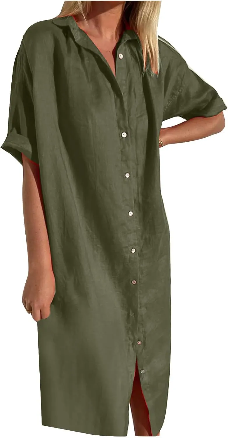 Women's Casual Cotton Linen Shirt Dress Button Down Short Sleeve Lapel V Neck Summer Loose Fit Beach Midi Dresses