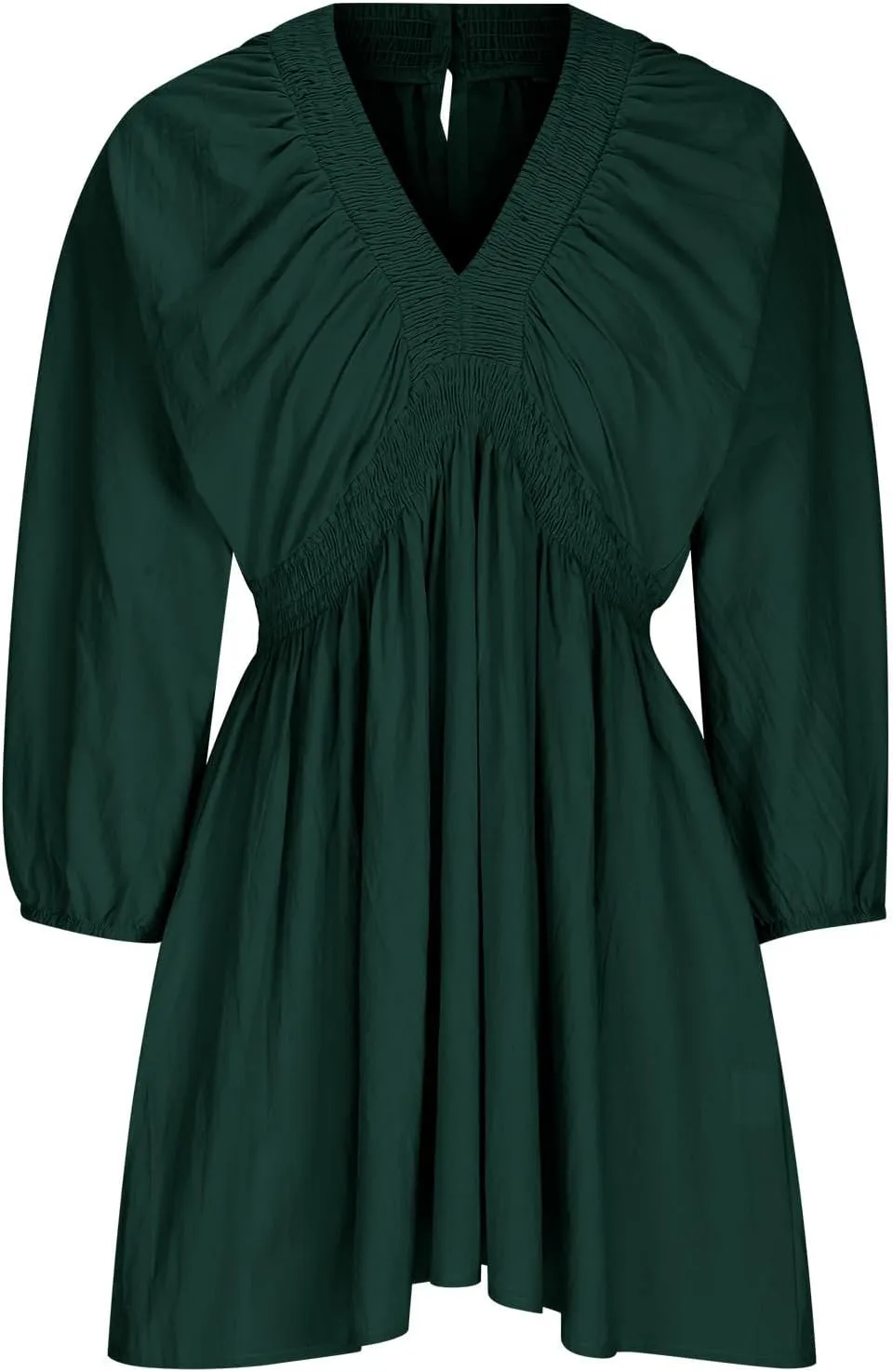 Women's Casual Deep V Neck Long Sleeve Smocked High Waist Ruffle A Line Mini Dresses Trendy Flowy Swing Pleated Dress