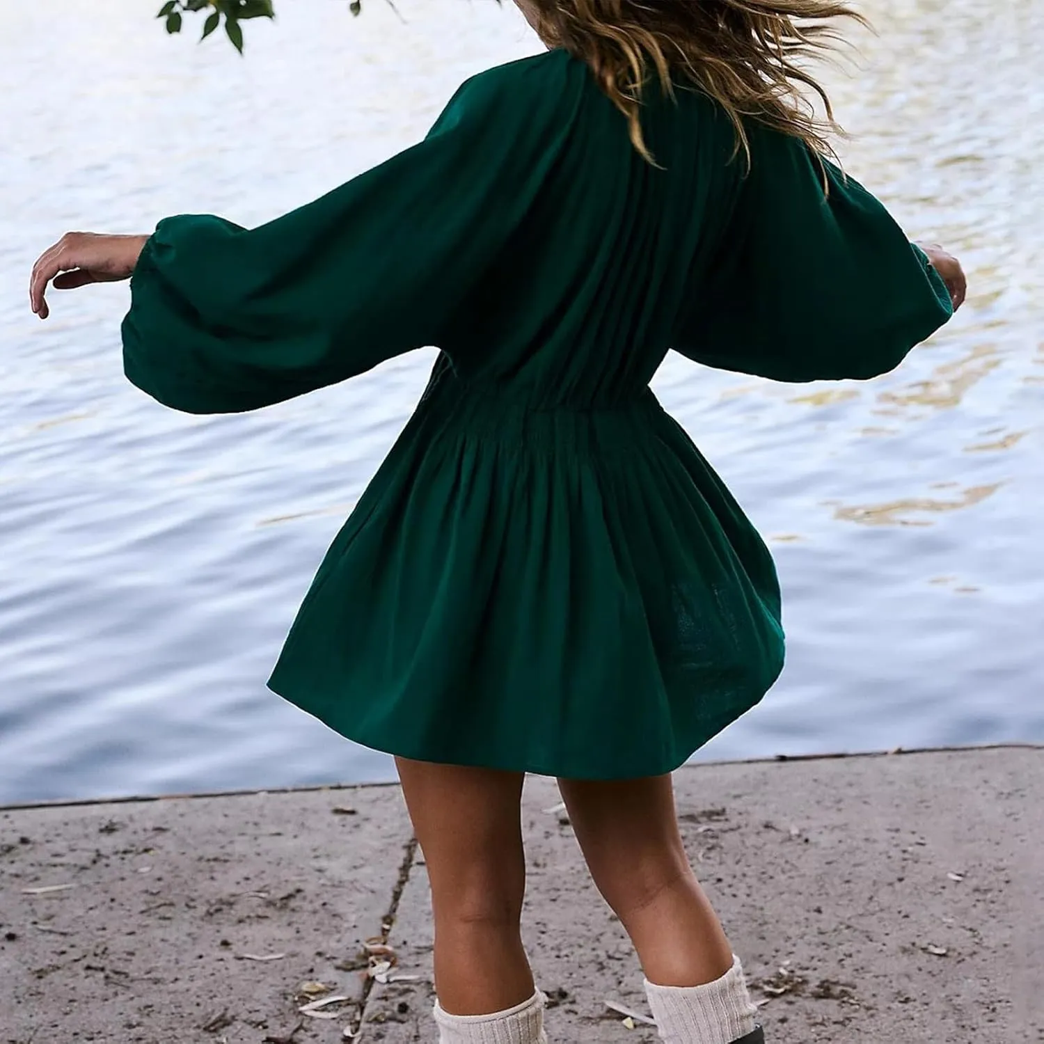 Women's Casual Deep V Neck Long Sleeve Smocked High Waist Ruffle A Line Mini Dresses Trendy Flowy Swing Pleated Dress