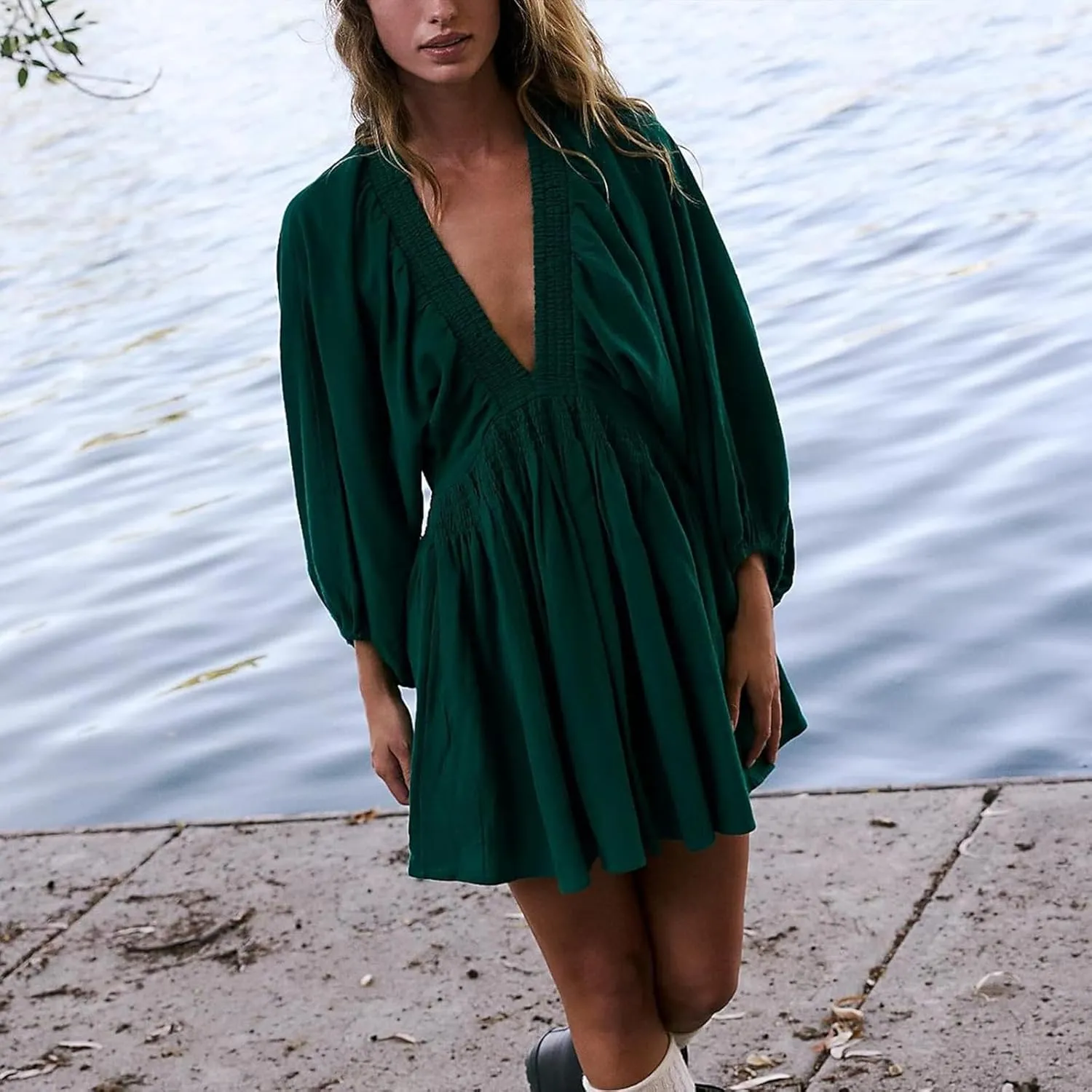 Women's Casual Deep V Neck Long Sleeve Smocked High Waist Ruffle A Line Mini Dresses Trendy Flowy Swing Pleated Dress