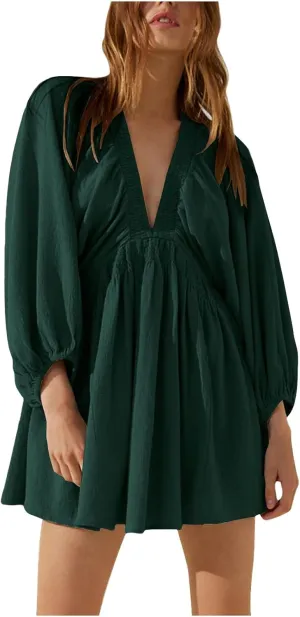 Women's Casual Deep V Neck Long Sleeve Smocked High Waist Ruffle A Line Mini Dresses Trendy Flowy Swing Pleated Dress