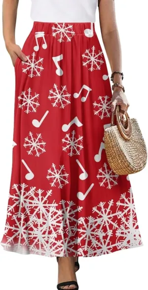 Women's Casual Flowy Maxi Skirt Long Skirts with Pockets Fashion Loose Flowy Swing Pleated Ankle Length Skirt