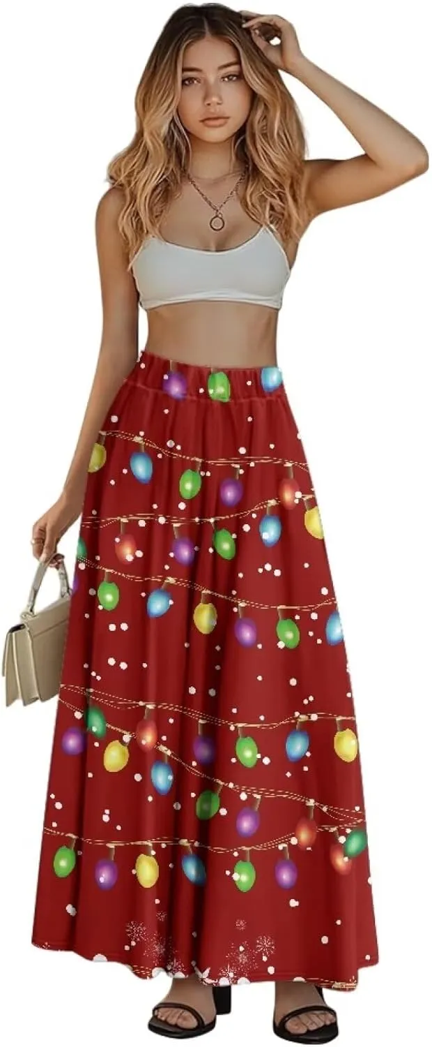 Women's Casual Flowy Maxi Skirt Long Skirts with Pockets Fashion Loose Flowy Swing Pleated Ankle Length Skirt
