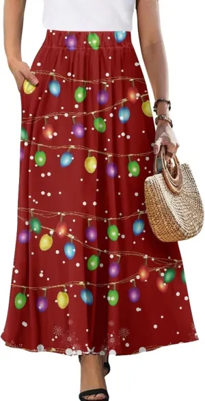 Women's Casual Flowy Maxi Skirt Long Skirts with Pockets Fashion Loose Flowy Swing Pleated Ankle Length Skirt