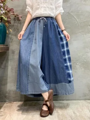 Womens Casual Loose Cropped Jeans Wide Leg Denim Pants Skirts Vintage Pants Trousers Elastic Waist with Pockets (US, Alpha, Small, Large, Blue Patchwork2)