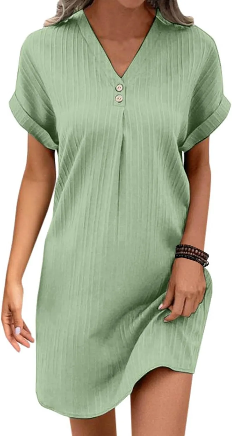 Women's Casual T Shirt Dress Summer V Neck Button Short Sleeve Dresses 2025 Mini Sundresses Linen Dress Women