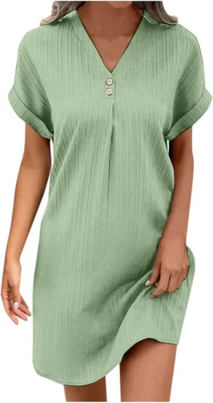 Women's Casual T Shirt Dress Summer V Neck Button Short Sleeve Dresses 2025 Mini Sundresses Linen Dress Women