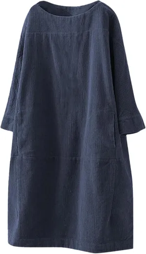 Womens Corduroy Vintage Long Sleeve Dress Oversize Tunic Dress Casual Loose Fit Dress Plus Size Mini Dress with Pocket