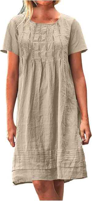 Women's Cotton Linen Midi Dress Plus Size Cap Sleeve Pleated Summer Dresses Vacation 2025 Crew Neck Casual Sundress