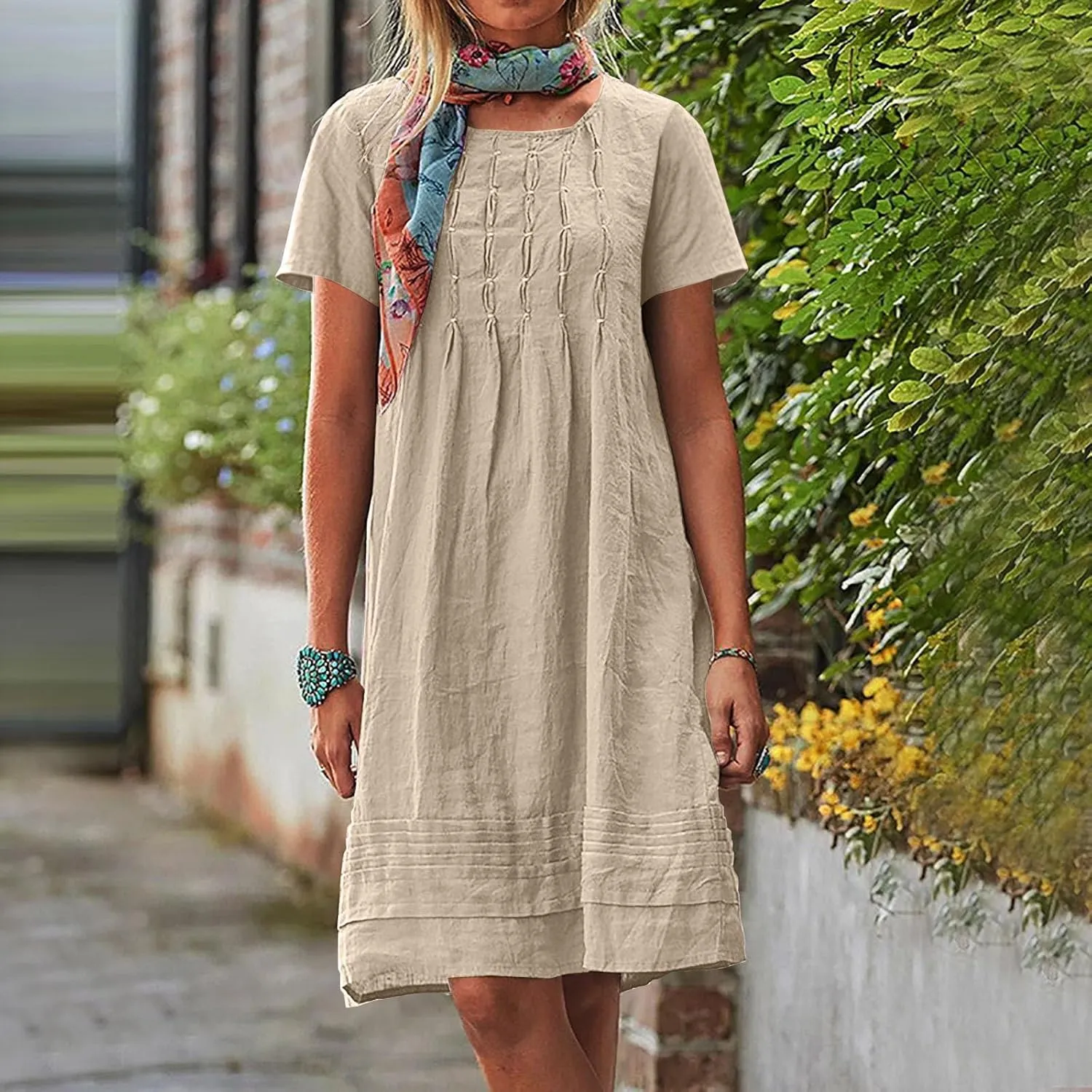 Women's Cotton Linen Midi Dress Plus Size Cap Sleeve Pleated Summer Dresses Vacation 2025 Crew Neck Casual Sundress