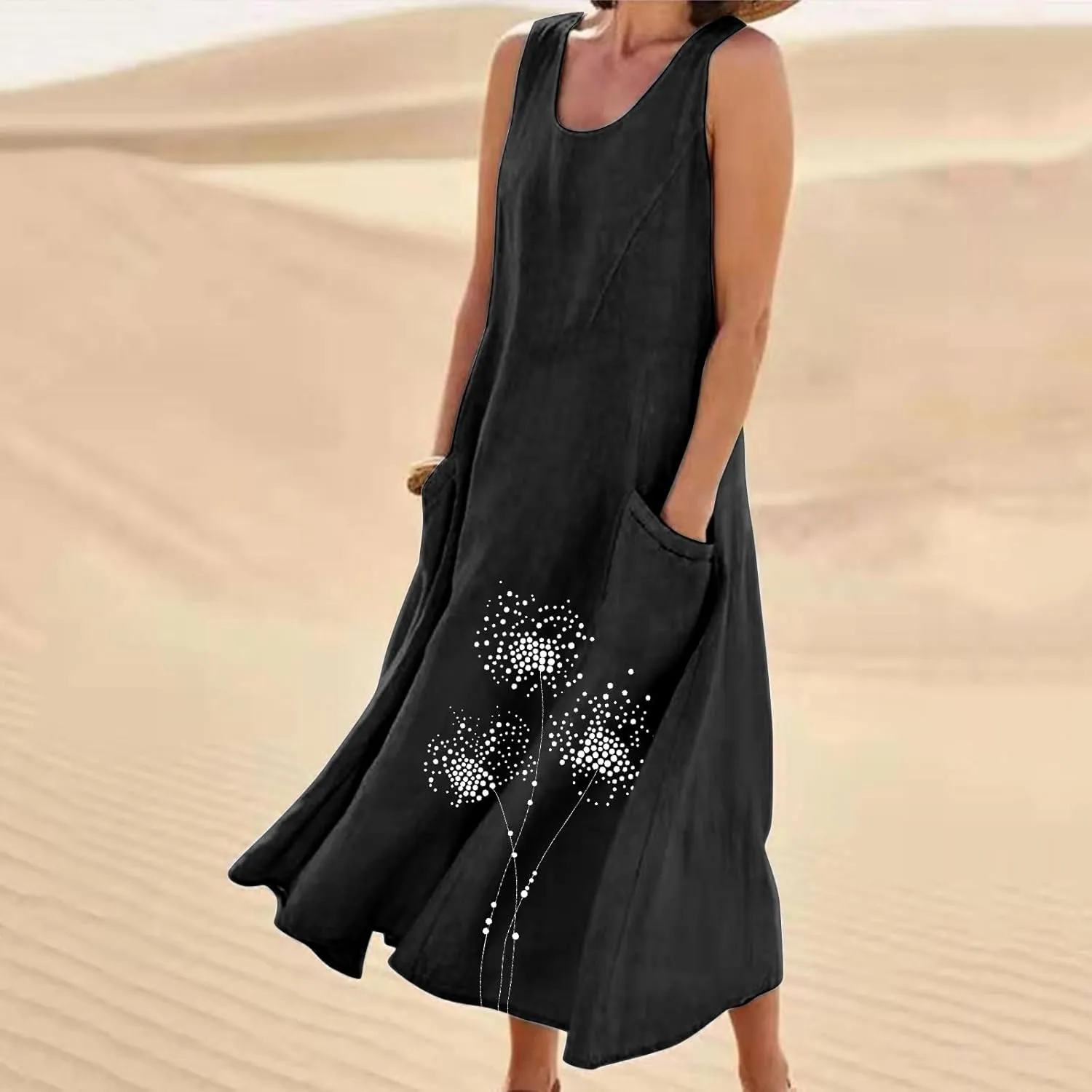 Womens Cotton Linen Sundress Sleeveless Flowy Maxi Dresses Plus Size Boho Summer Casual Loose Beach Tank Dress Pockets