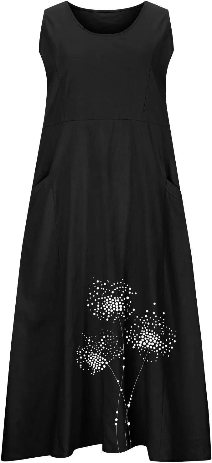 Womens Cotton Linen Sundress Sleeveless Flowy Maxi Dresses Plus Size Boho Summer Casual Loose Beach Tank Dress Pockets