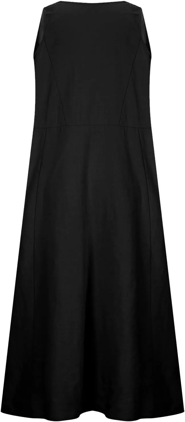 Womens Cotton Linen Sundress Sleeveless Flowy Maxi Dresses Plus Size Boho Summer Casual Loose Beach Tank Dress Pockets