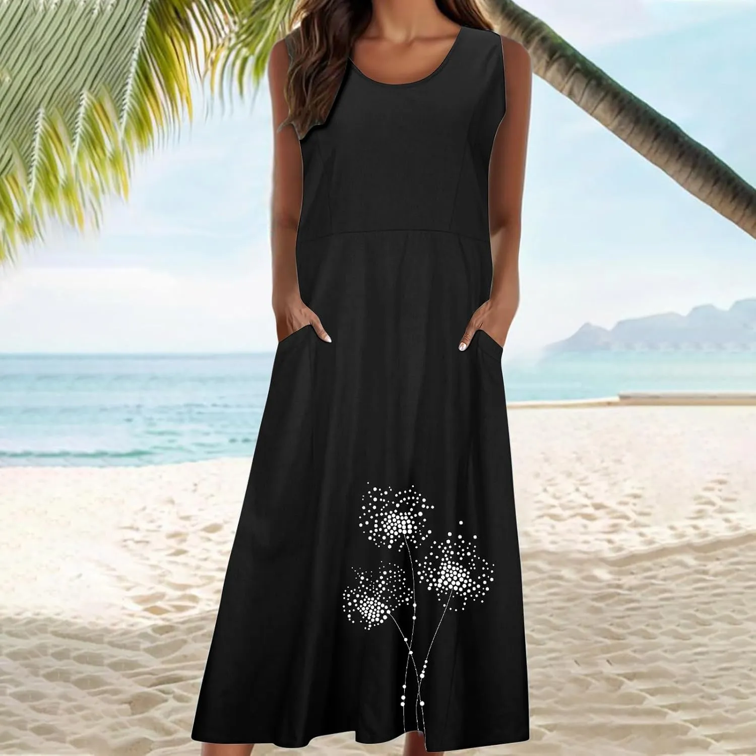 Womens Cotton Linen Sundress Sleeveless Flowy Maxi Dresses Plus Size Boho Summer Casual Loose Beach Tank Dress Pockets
