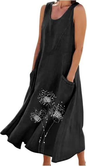 Womens Cotton Linen Sundress Sleeveless Flowy Maxi Dresses Plus Size Boho Summer Casual Loose Beach Tank Dress Pockets