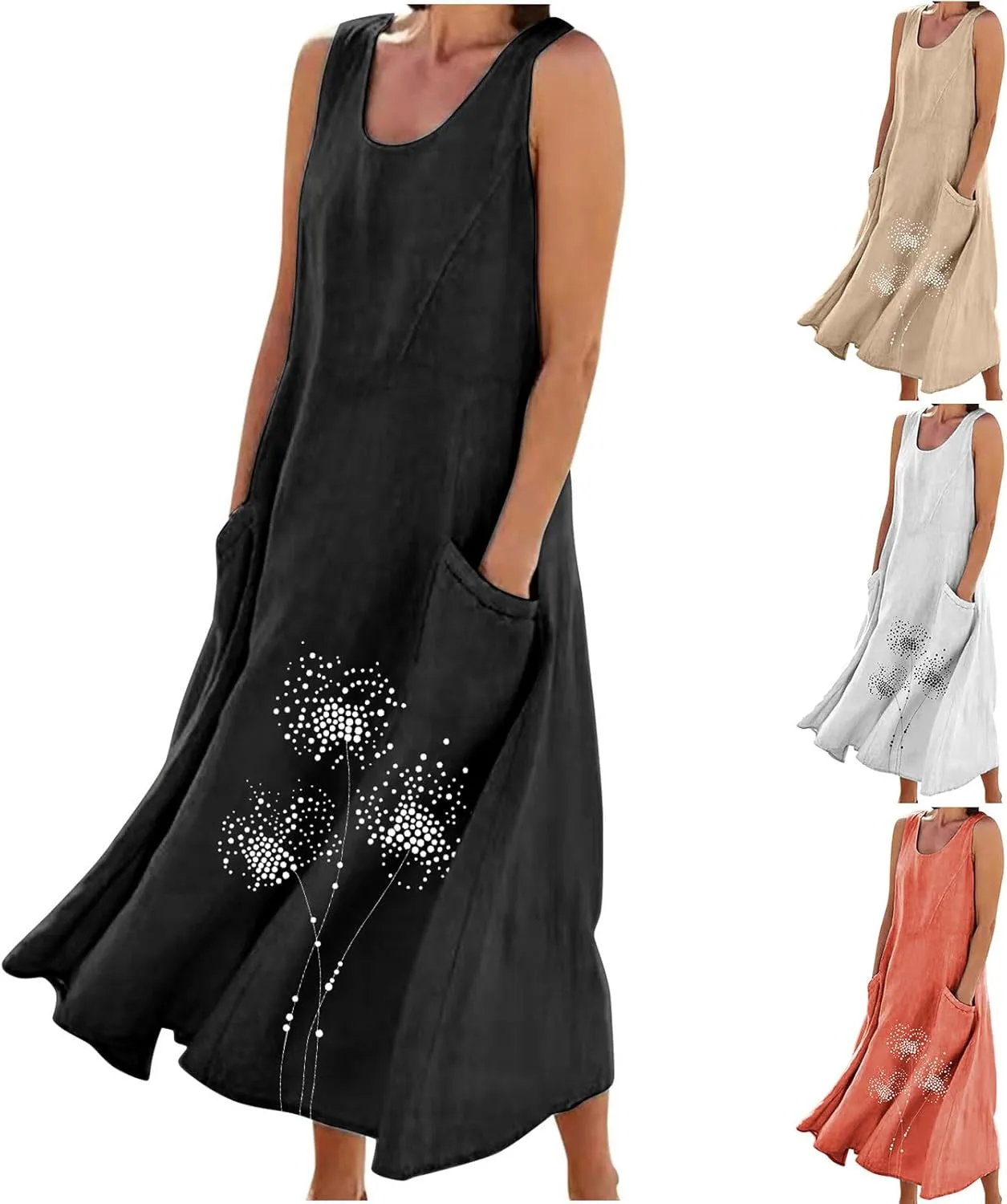 Womens Cotton Linen Sundress Sleeveless Flowy Maxi Dresses Plus Size Boho Summer Casual Loose Beach Tank Dress Pockets