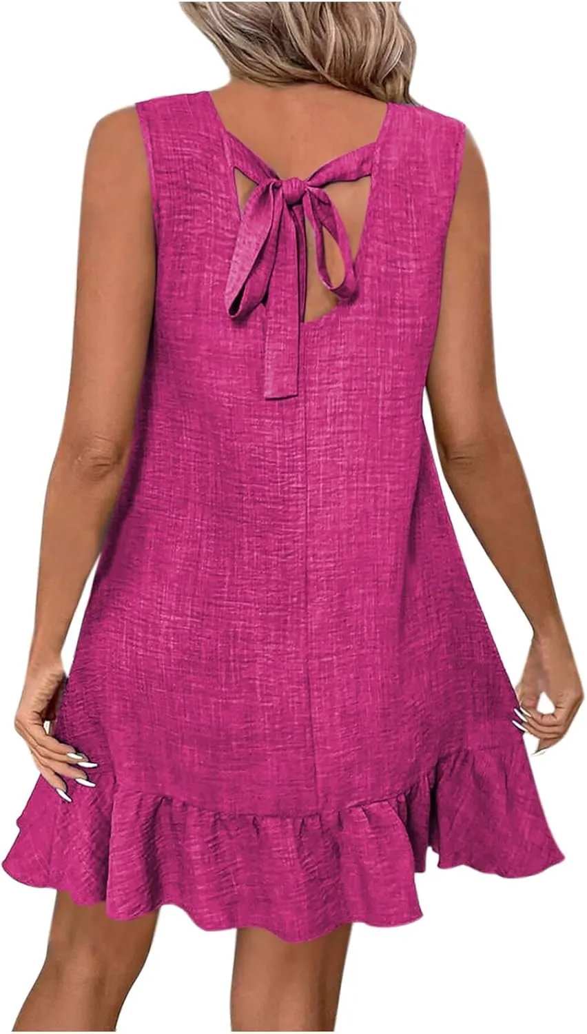 Women's Crew Neck Sleeveless Dress Lace Up Ruffle Hem Basic Short Dresses Summer Casual Comfy Solid Color Mini Dress