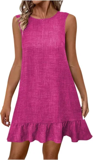 Women's Crew Neck Sleeveless Dress Lace Up Ruffle Hem Basic Short Dresses Summer Casual Comfy Solid Color Mini Dress