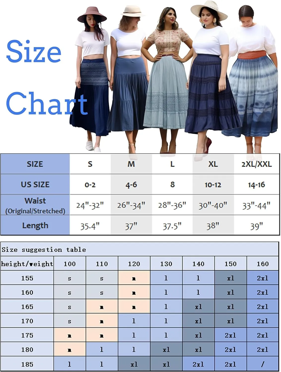 Women's Denim Boho Maxi Skirts Elastic High Waist Ruffle Tied A Line Flowy Long Jeans Skirts