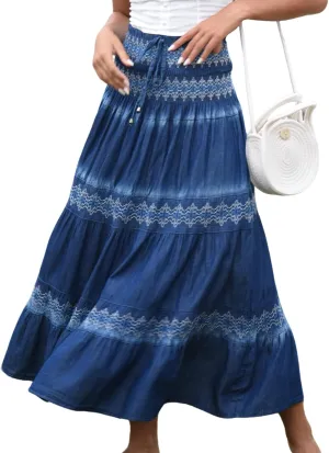 Women's Denim Boho Maxi Skirts Elastic High Waist Ruffle Tied A Line Flowy Long Jeans Skirts