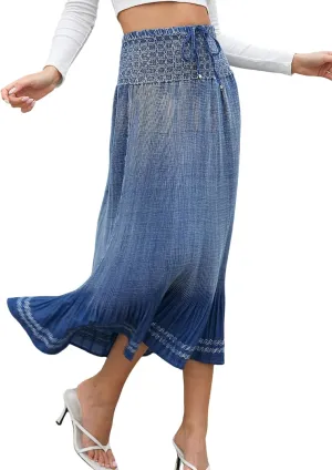 Women's Denim Boho Maxi Skirts Elastic High Waist Ruffle Tied A Line Flowy Long Jeans Skirts