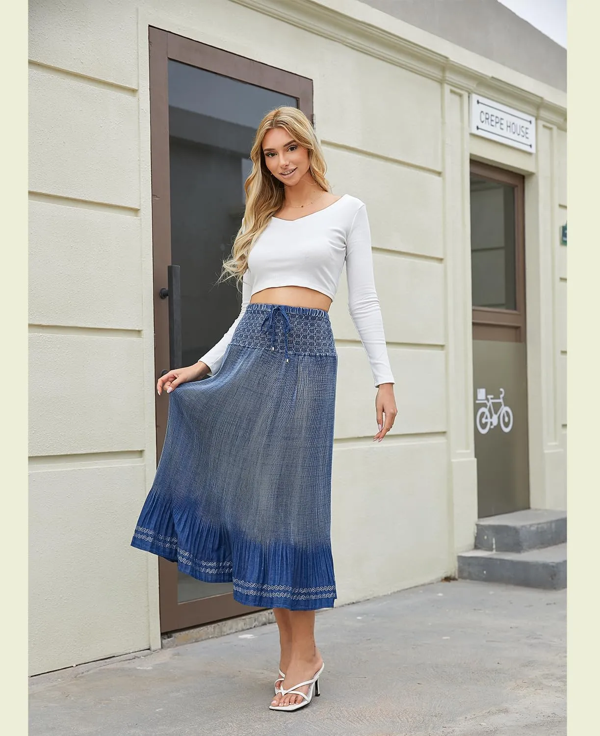 Women's Denim Boho Maxi Skirts Elastic High Waist Ruffle Tied A Line Flowy Long Jeans Skirts