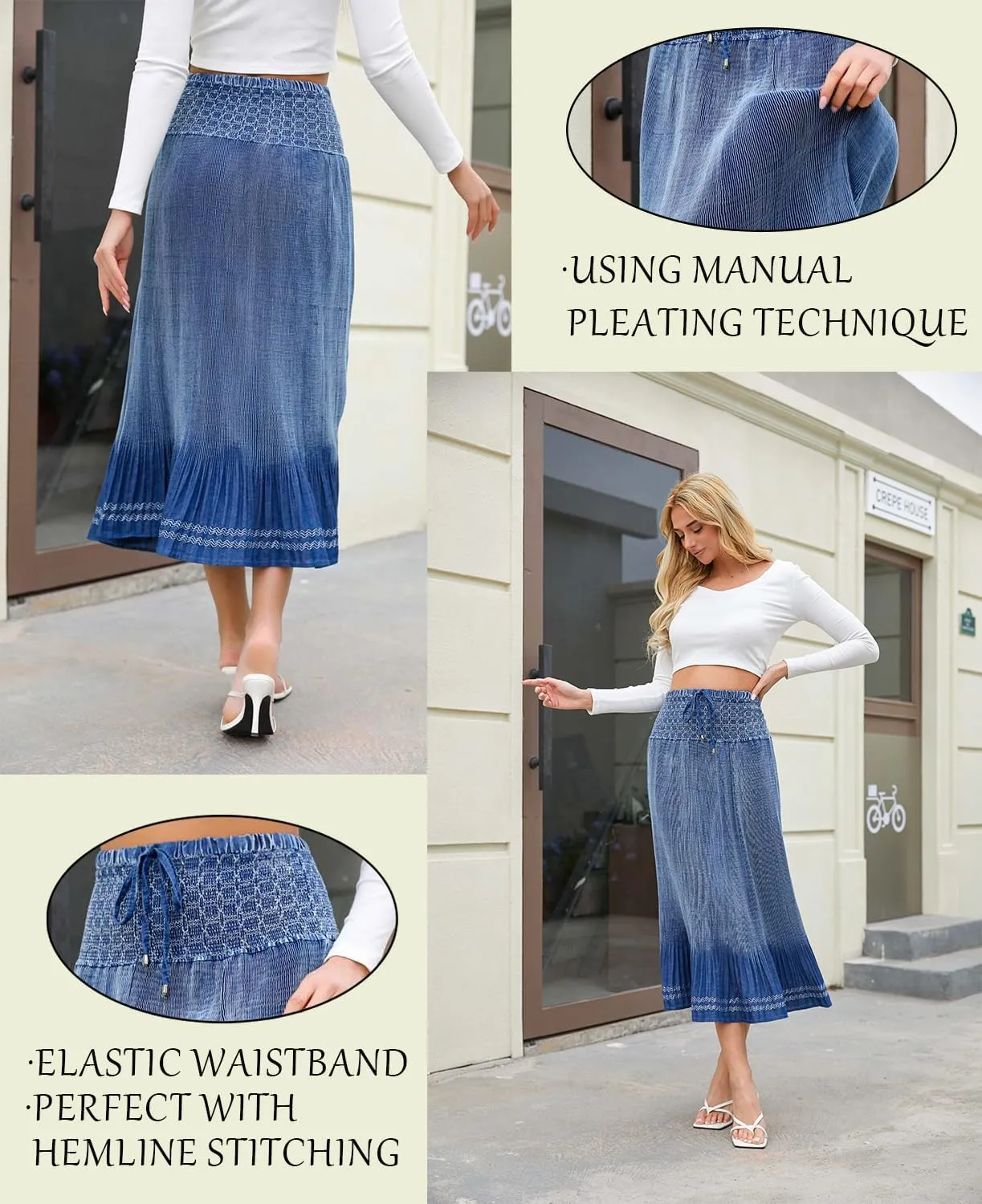 Women's Denim Boho Maxi Skirts Elastic High Waist Ruffle Tied A Line Flowy Long Jeans Skirts