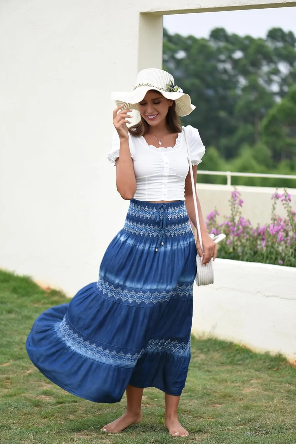 Women's Denim Boho Maxi Skirts Elastic High Waist Ruffle Tied A Line Flowy Long Jeans Skirts