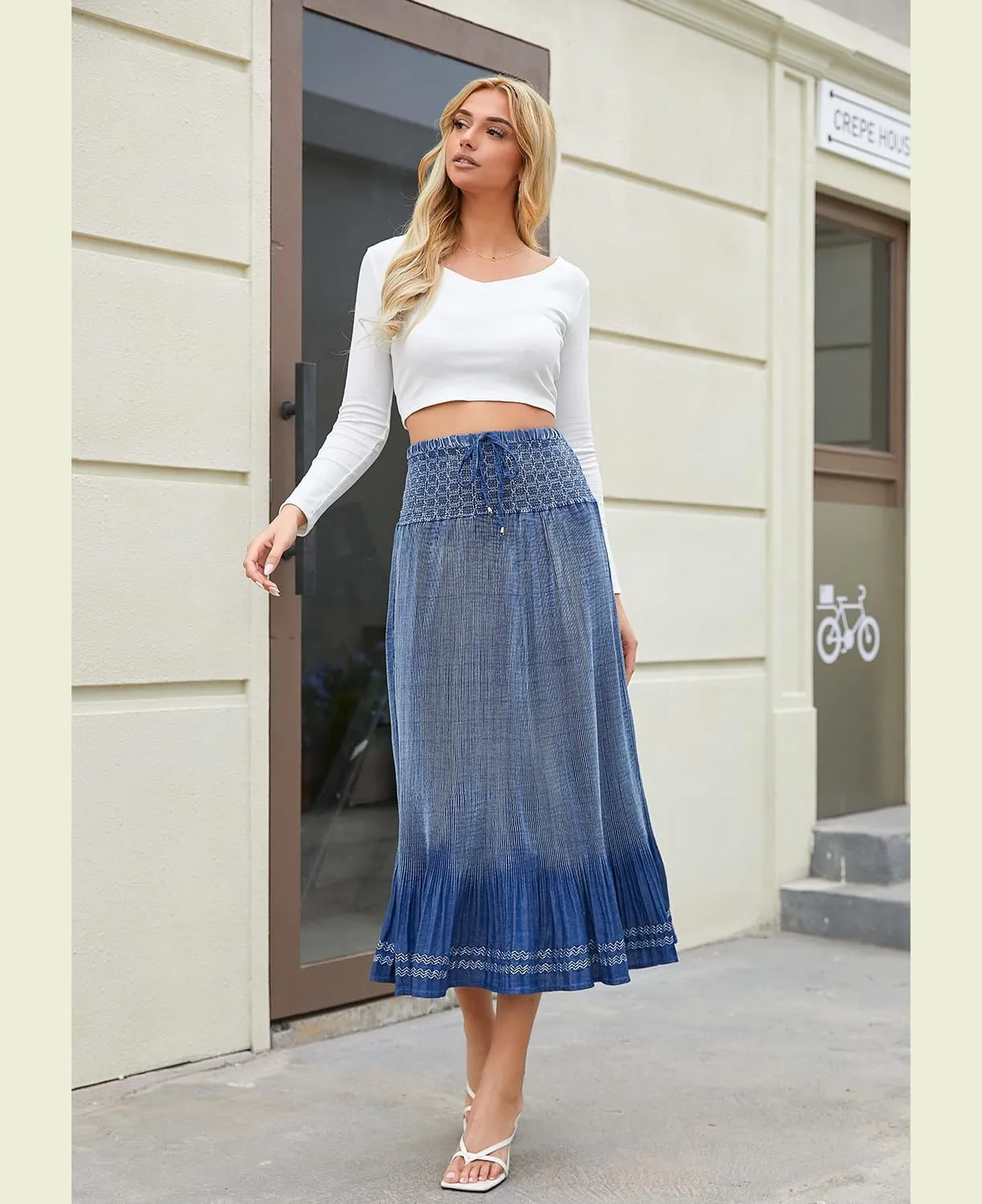 Women's Denim Boho Maxi Skirts Elastic High Waist Ruffle Tied A Line Flowy Long Jeans Skirts