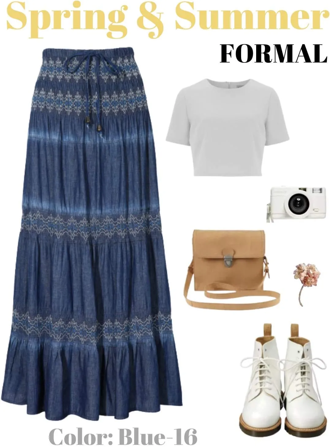 Women's Denim Boho Maxi Skirts Elastic High Waist Ruffle Tied A Line Flowy Long Jeans Skirts