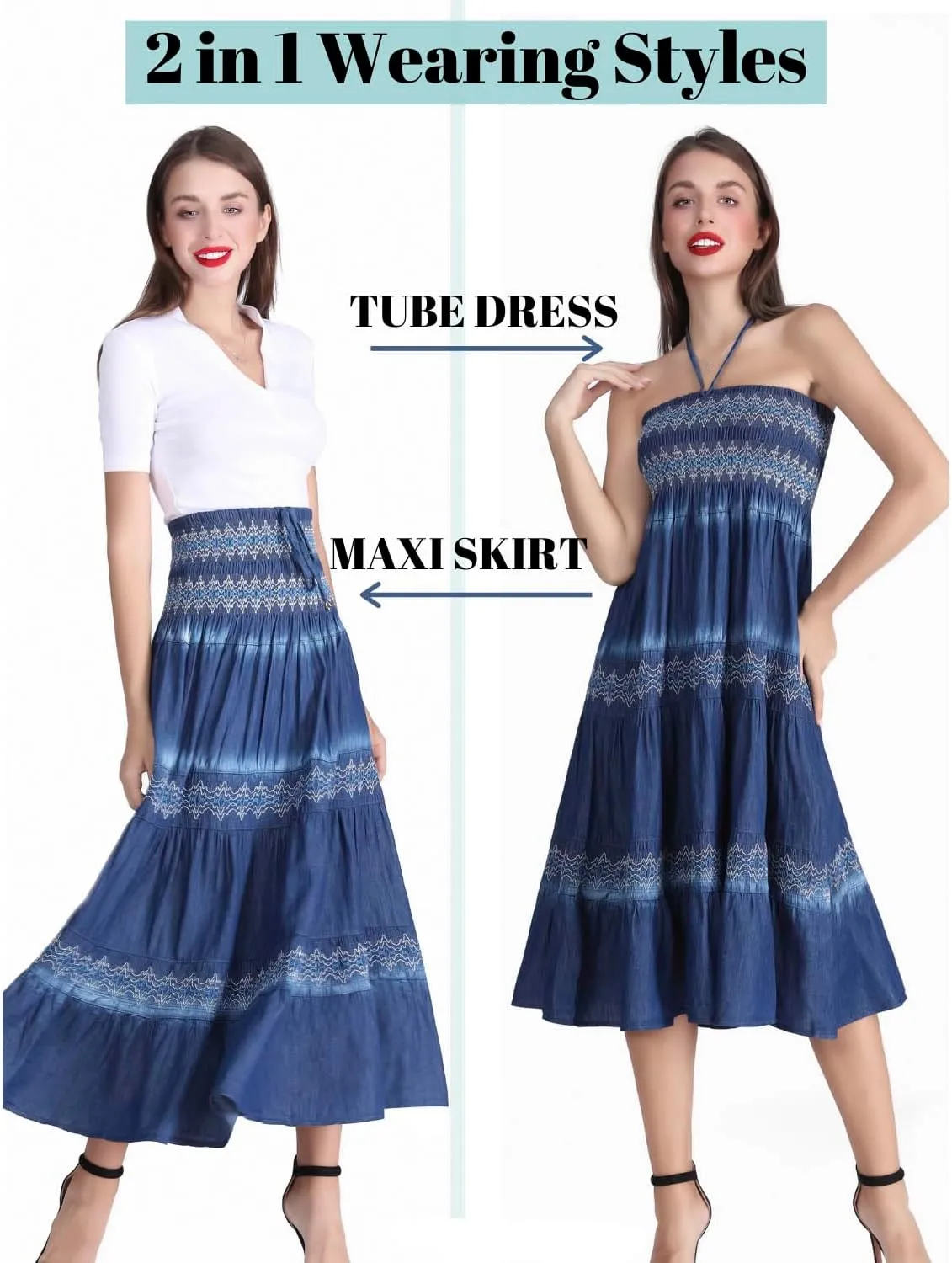 Women's Denim Boho Maxi Skirts Elastic High Waist Ruffle Tied A Line Flowy Long Jeans Skirts