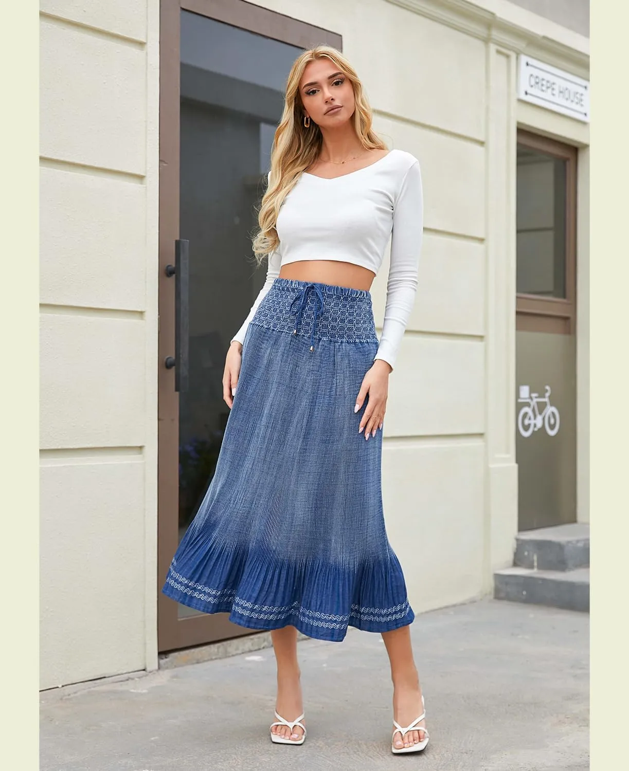 Women's Denim Boho Maxi Skirts Elastic High Waist Ruffle Tied A Line Flowy Long Jeans Skirts