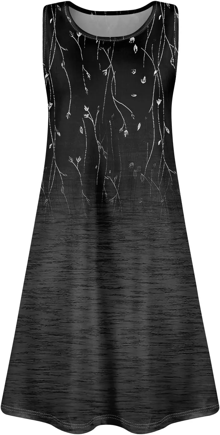 Womens Dresses Spring Tank Sundresses Cover Up Sleeveless Patterned Short Dresses Beach Summer Flowy Dress with Pocket