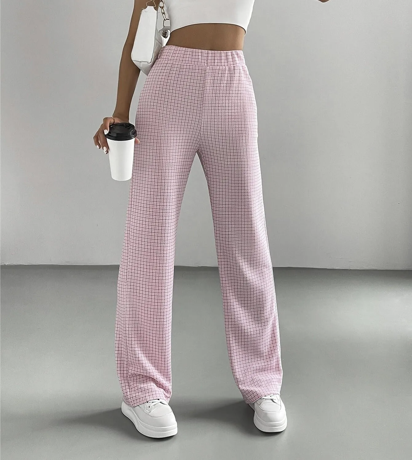 Womens Elastic Waist Summer Pink Plaid High Waist Pants Long Pant Trousers For Women