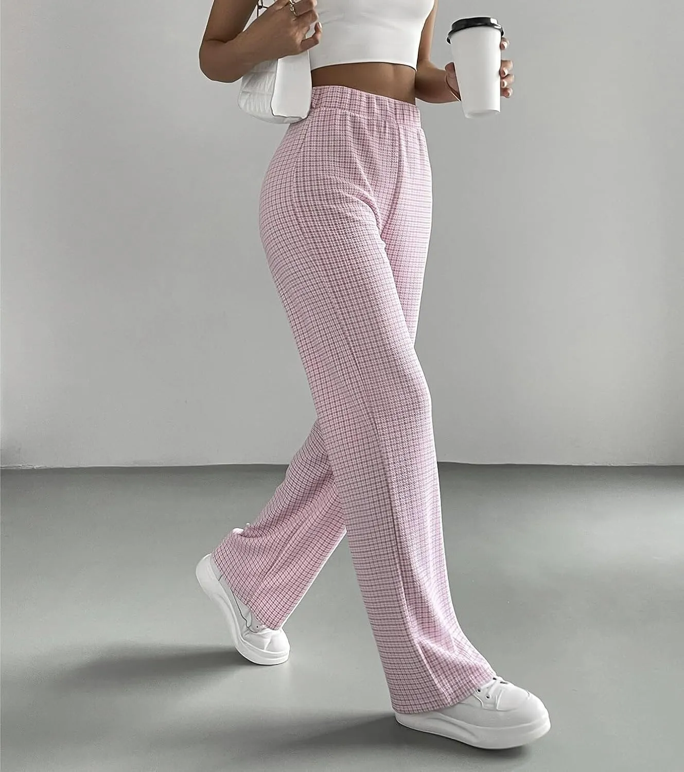 Womens Elastic Waist Summer Pink Plaid High Waist Pants Long Pant Trousers For Women
