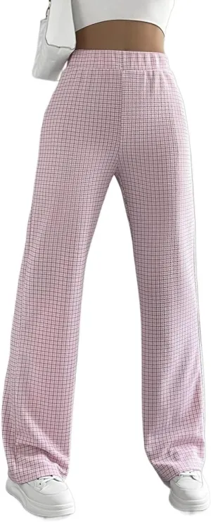 Womens Elastic Waist Summer Pink Plaid High Waist Pants Long Pant Trousers For Women