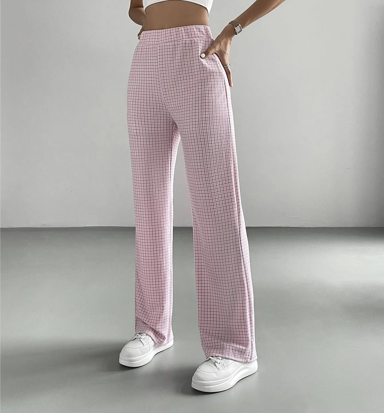 Womens Elastic Waist Summer Pink Plaid High Waist Pants Long Pant Trousers For Women