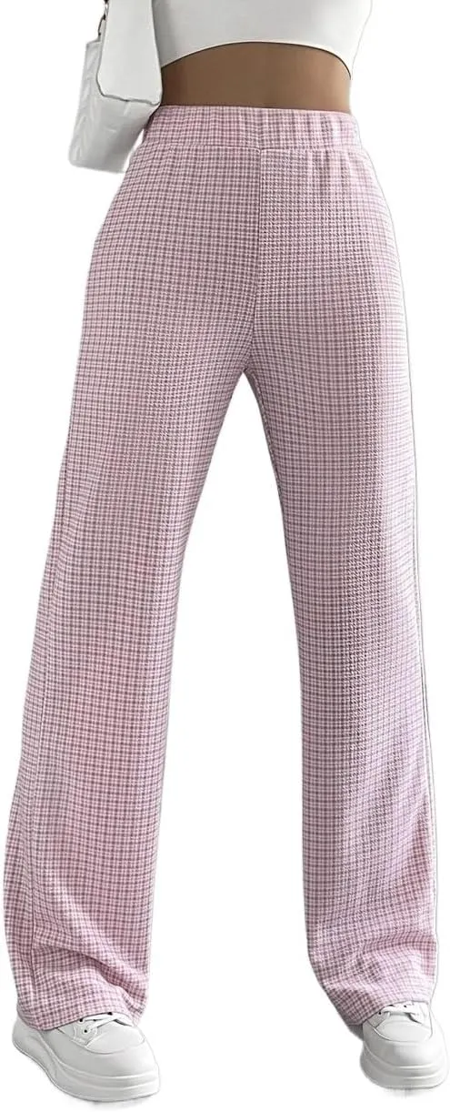Womens Elastic Waist Summer Pink Plaid High Waist Pants Long Pant Trousers For Women