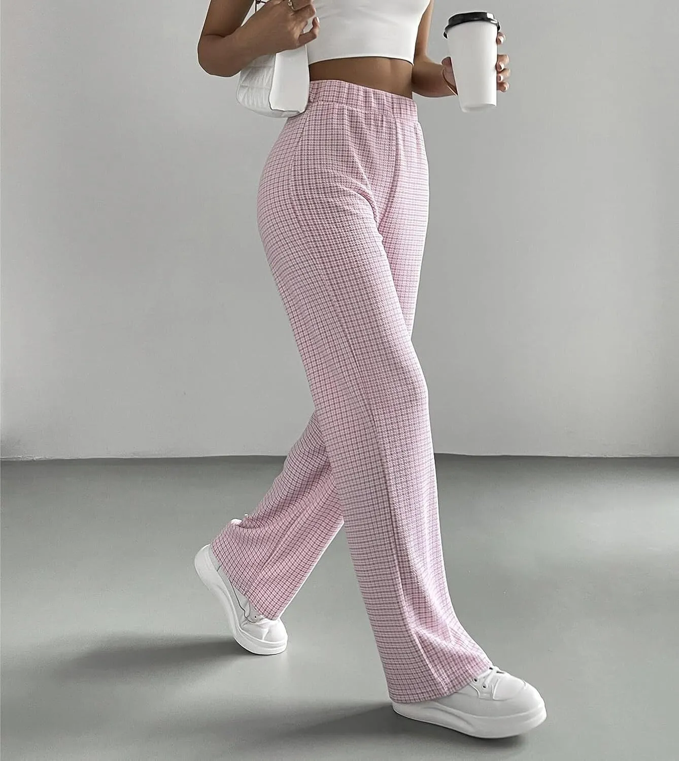 Womens Elastic Waist Summer Pink Plaid High Waist Pants Long Pant Trousers For Women