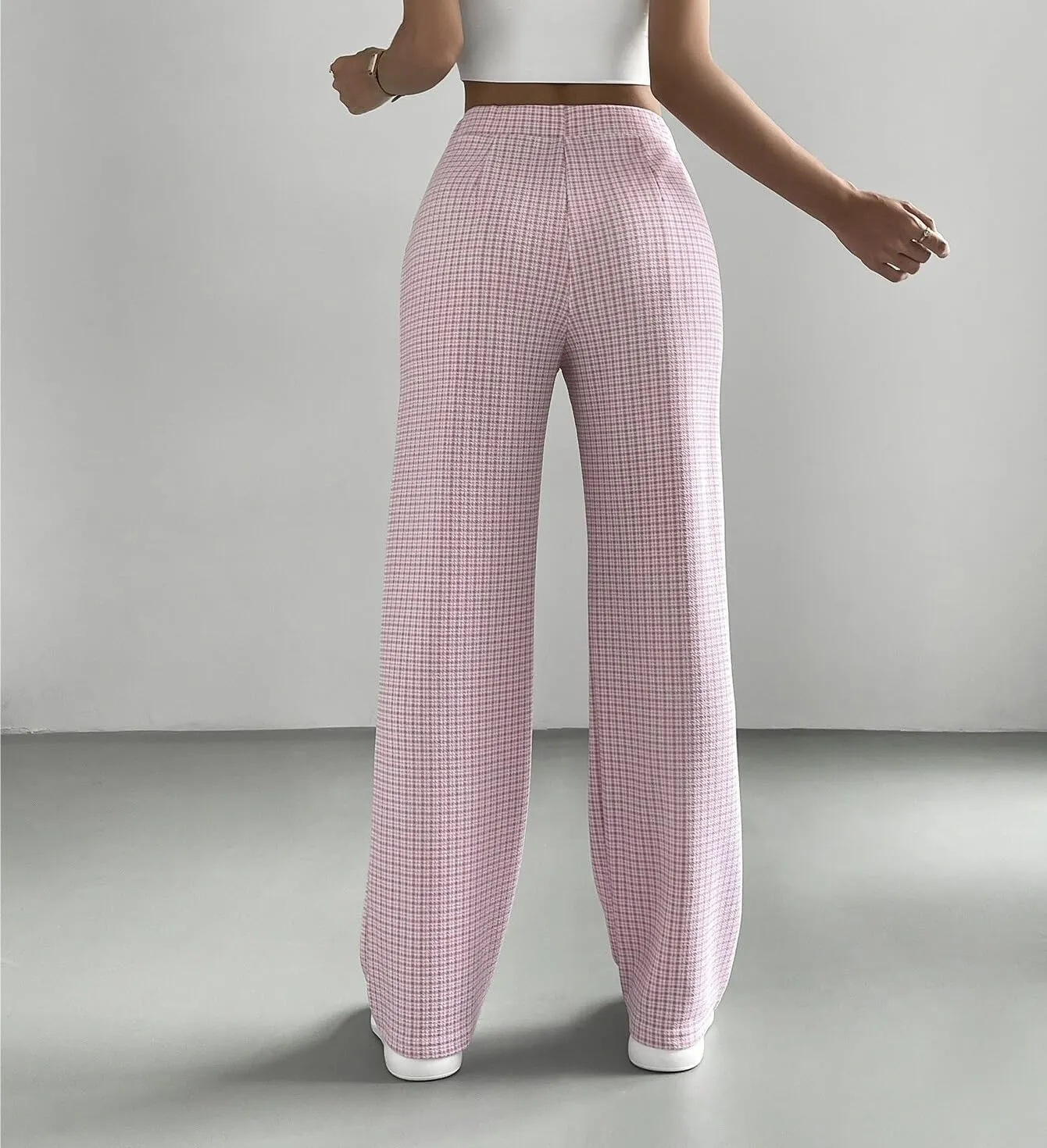 Womens Elastic Waist Summer Pink Plaid High Waist Pants Long Pant Trousers For Women