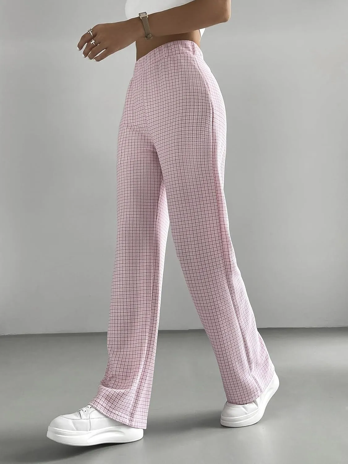 Womens Elastic Waist Summer Pink Plaid High Waist Pants Long Pant Trousers For Women